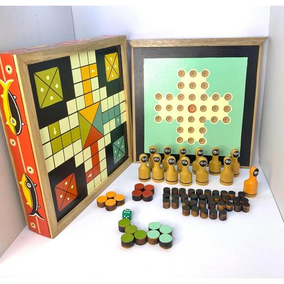 Handmade Peruvian Wood Game Set – 3-in-1: Solitaire Wolf & Sheep Ludo Game